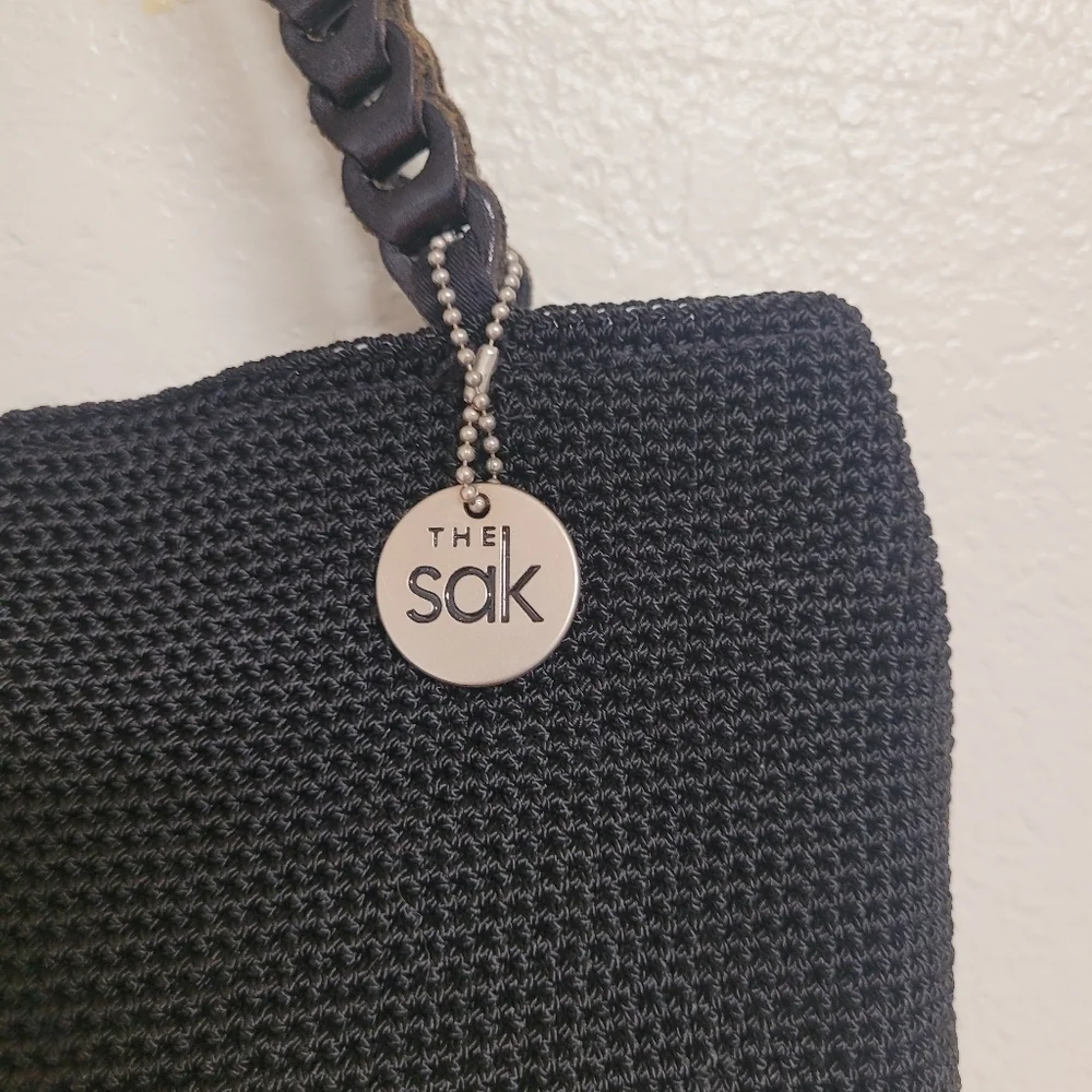 THE SAK Small Braided Leather Straps Black Woven Crochet Boho Handbag